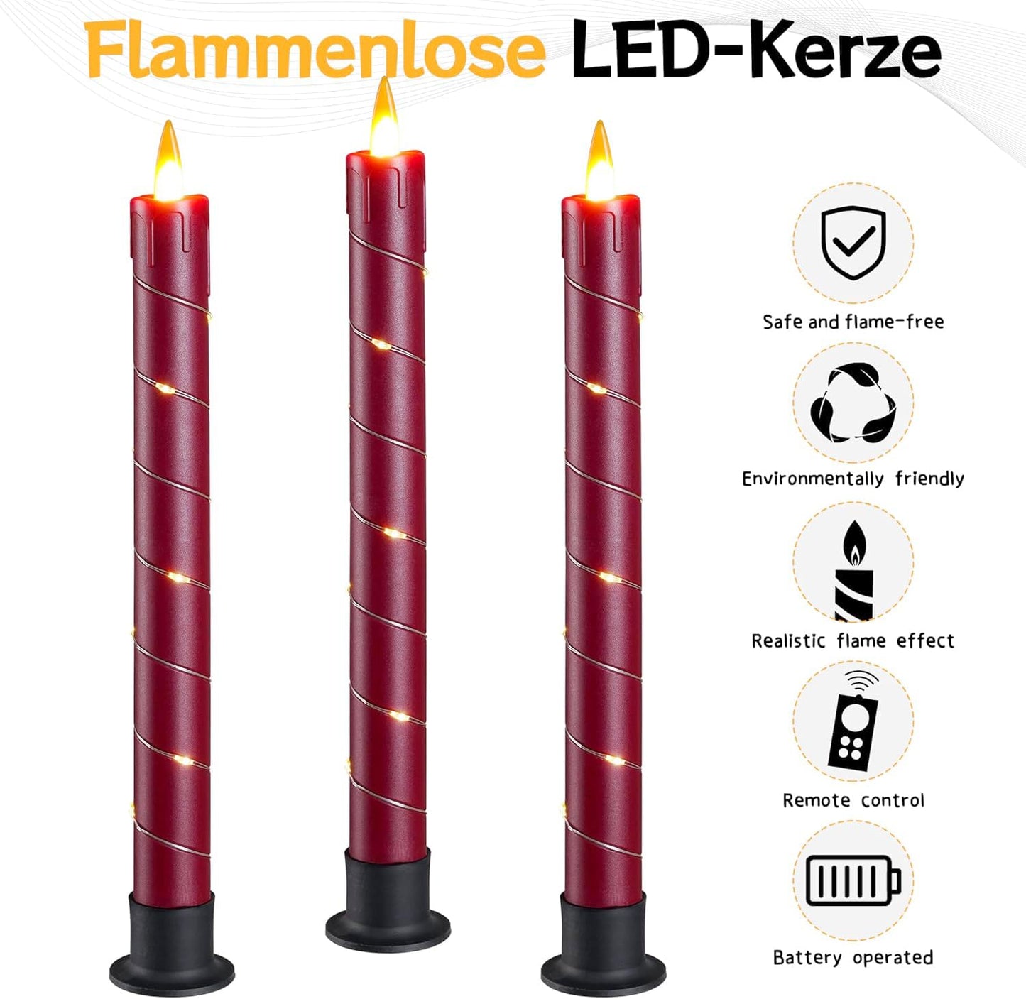 Flameless Cone-Shaped Candle, Patented with Starlight String, 11 Key Remote Control, Timer, Battery Powered, Patented Simulated Flame, 3 Packs, Christmas Home and Wedding Decoration (red)