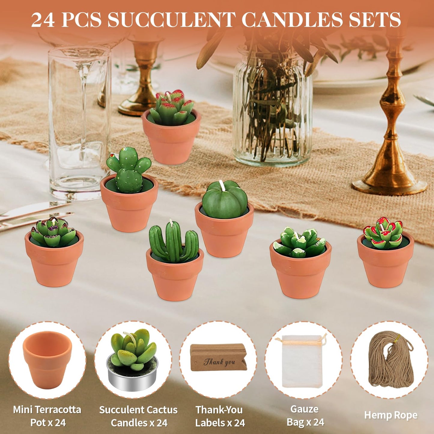 AZEAM 24 Pcs Succulent Candles Party Favors, Bulk Cactus Table Decor with Mini Terracotta Holders, Tiny Handmade Plant Tealights Candle Decoration for Shower Bridal Game Wedding Home Birthday