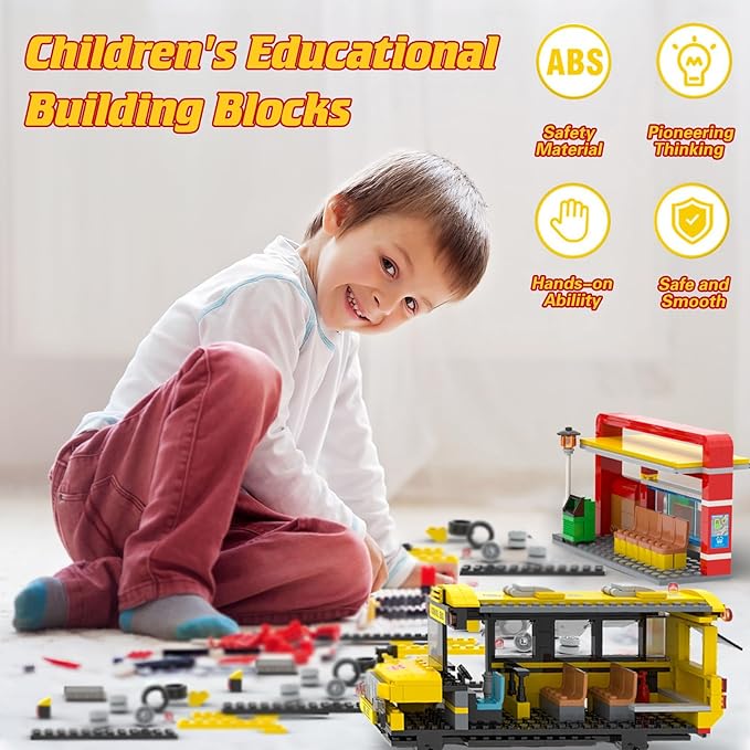 School Bus Building Blocks Set City School Day Bus Construction Playset with School Bus &amp Station Education Learning Roleplay STEM Brick Toys Ideal Gift for Kids Boys Girls Aged 6+ (488 Pieces)