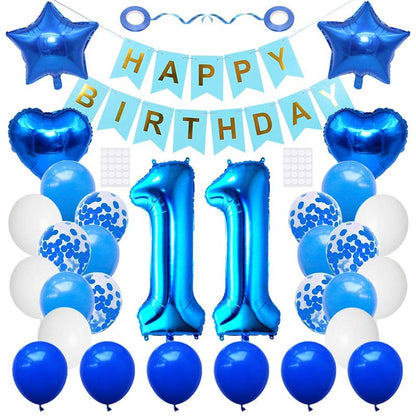 Huture 11th Birthday Party Supplies - Blue & White Foil Balloons, Happy Birthday Banner Kit, Latex Confetti, Star Balloons - Great Gift for Girls & Boys