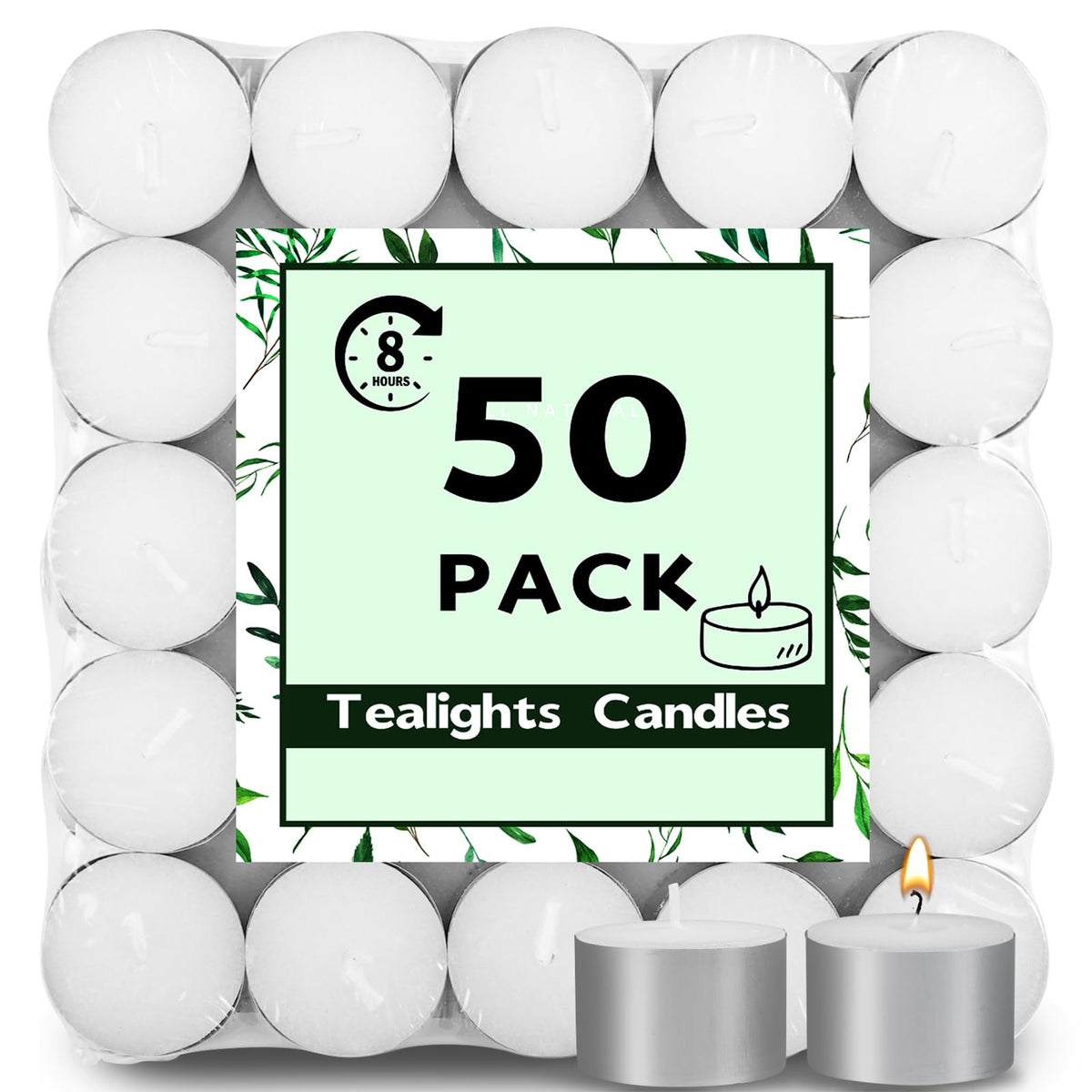 Yihurlm 50 Pack Tea Lights Candles, 8 Hours Long Burning Tealights Candle Bulk, Smokeless & Unscented Candles, White Tea Lights Candle for Shabbat Weddings Home Decor Table Centerpiece