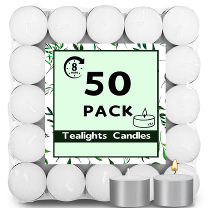Yihurlm 50 Pack Tea Lights Candles, 8 Hours Long Burning Tealights Candle Bulk, Smokeless & Unscented Candles, White Tea Lights Candle for Shabbat Weddings Home Decor Table Centerpiece