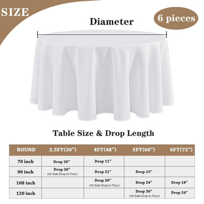 Fitable 6 Pack White Round Tablecloths - 120 Inches in Diameter - Stain Resistant and Washable Table Clothes, Polyester Fabric Table Covers for Wedding, Party, Banquet, Formal Events