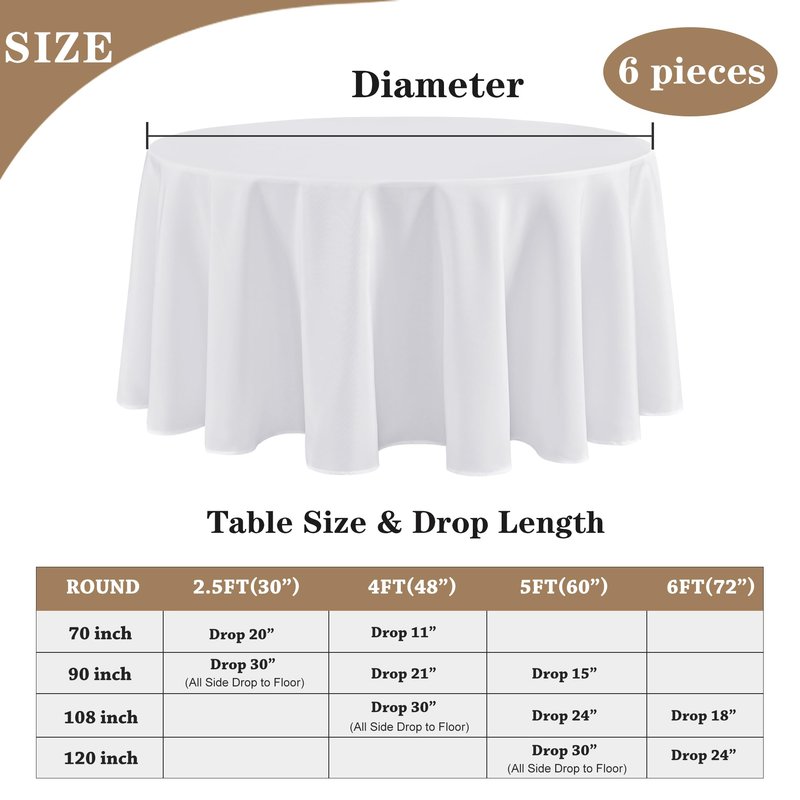 Fitable 6 Pack White Round Table Clothes - 70 Inches in Diameter - Stain Resistant and Washable Tablecloths, Polyester Fabric Table Covers for Wedding, Party, Banquet, Gathering