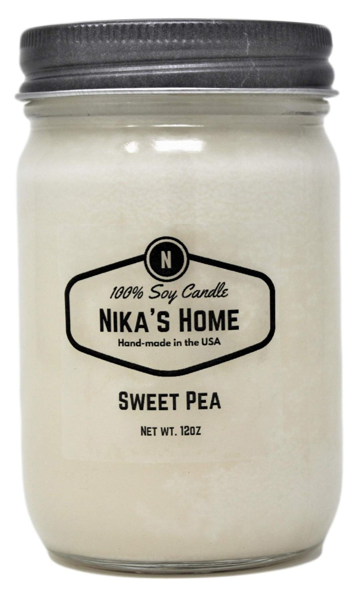 Nika's Home Sweet Pea Soy Candle - 12oz Mason Jar - Non-Toxic, Long Burning, Highly Scented, All Natural, Clean Burning Candle