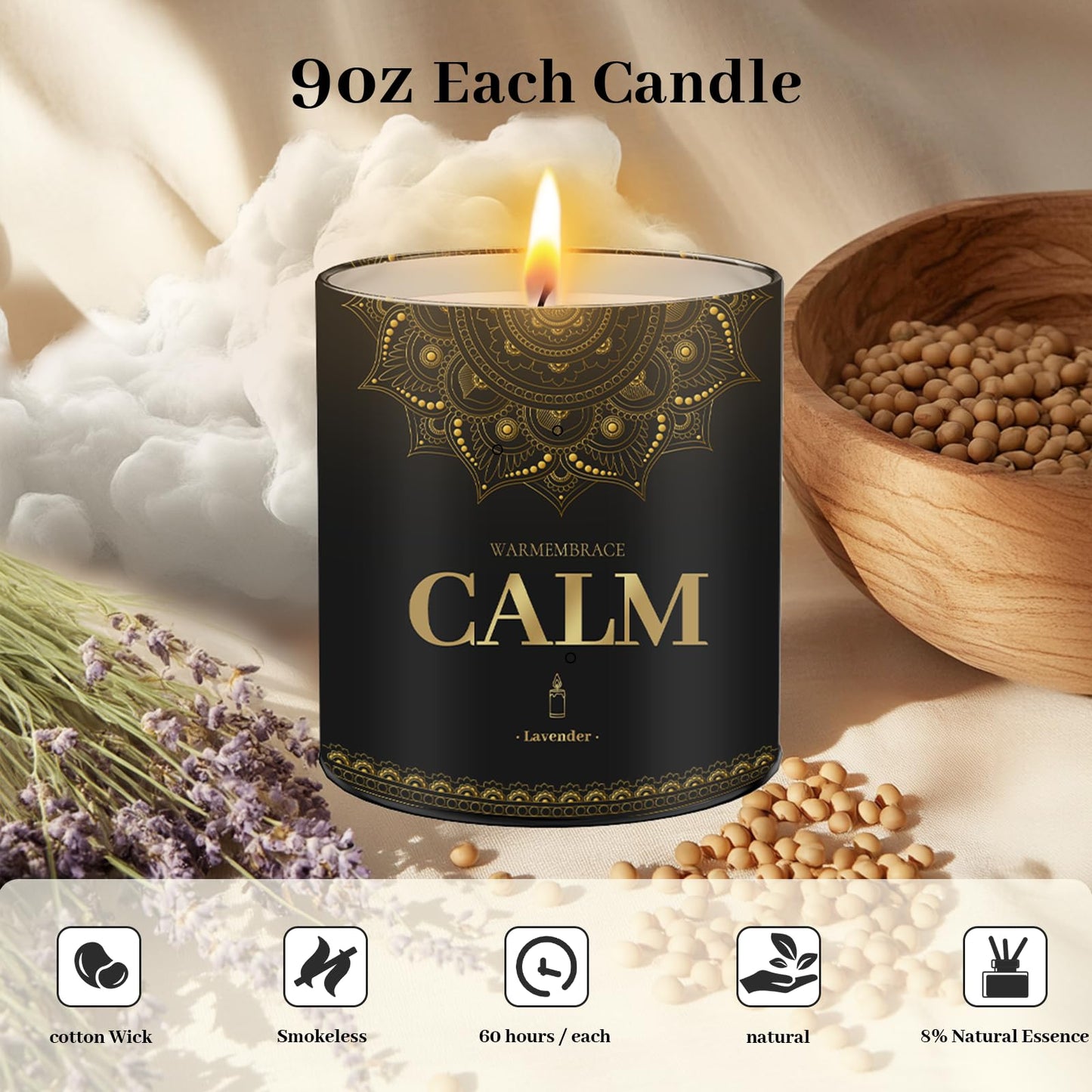WarmEmbrace Scented Candles, 9 Oz Candle Sets for Home, Office, Meditation, Yoga, Candles for Women & Men, Birthday, Christmas, Valentine's Day Present, Lavender, Vanilla, Rose & Sandalwood, Lemon