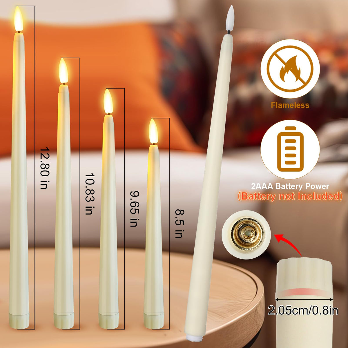 Rossesay 64 Pcs Wedding Flameless LED Taper Candles Battery Operated Candles 4 Sizes of 8.5'', 9.65'', 10.83'', 12.8'' Candlesticks Flickering for Halloween Christmas Church Wedding(Ivory White)