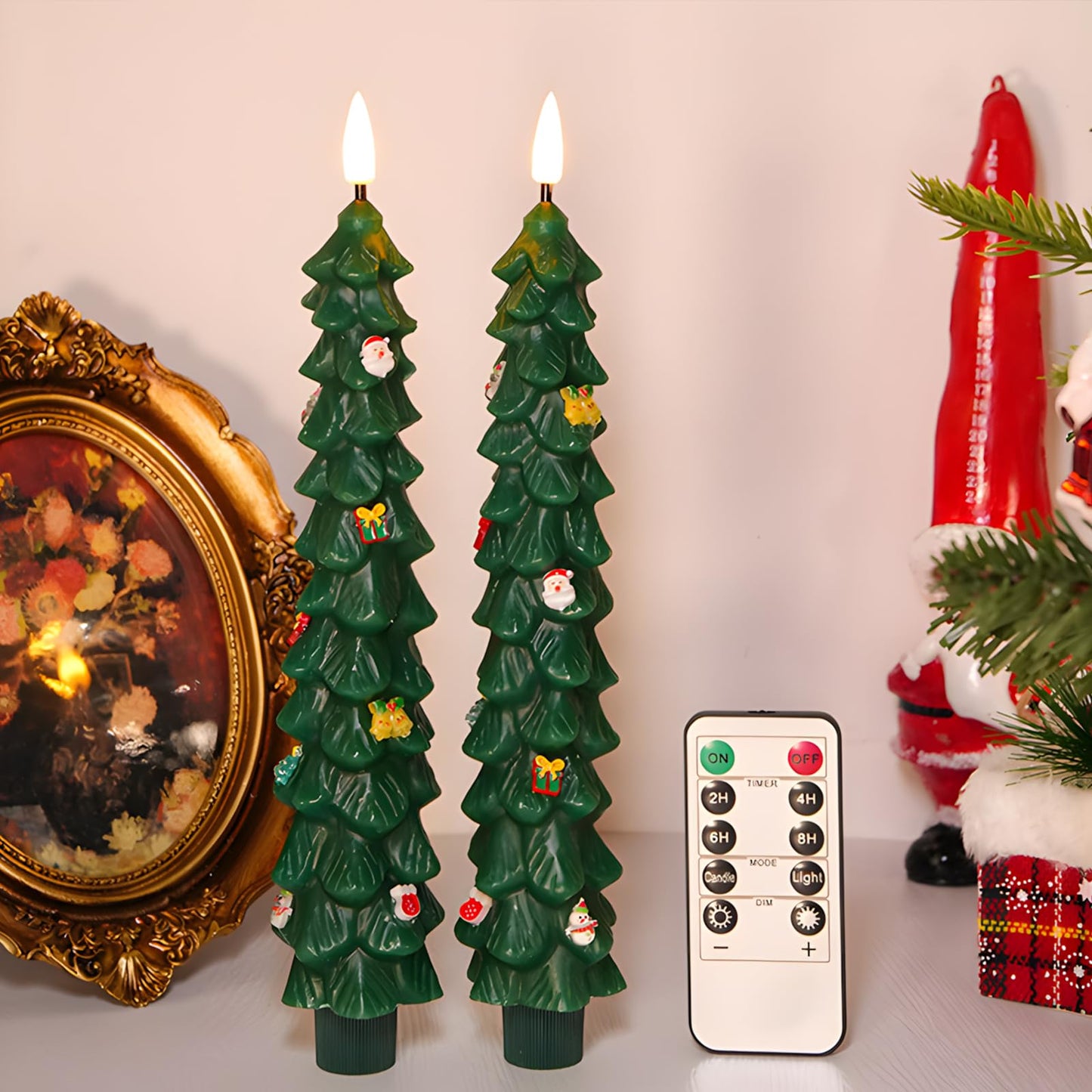 AVEKI Christmas Tree Flameless Taper Candles with Remote, 2 Pcs LED Christmas Tree Candles Real Wax with 3D Flame, 9.7" Battery Operated LED Candlesticks for Home Fireplace Christmas Decor (2 PCS)