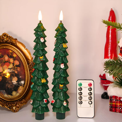 AVEKI Christmas Tree Flameless Taper Candles with Remote, 2 Pcs LED Christmas Tree Candles Real Wax with 3D Flame, 9.7" Battery Operated LED Candlesticks for Home Fireplace Christmas Decor (2 PCS)