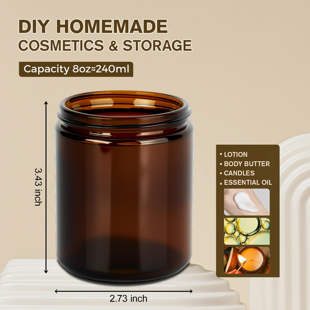 Hoa Kinh 8oz Amber Glass Jars with Lids - 12Pack Empty Airtight Storage Containers for Candle Making, Cosmetic, Spices, Crafts, Food - Refillable, UV Protection, Black Plastic Lid