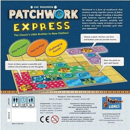 Patchwork Express Board Game - Fast-Paced Two-Player Quilting Strategy Game! Interactive Puzzle Game for Kids &amp Adults Ages 6+ 2 Players 20 Minute Playtime Made by Lookout Games