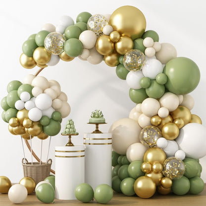 RUBFAC Sage Green White Gold Balloon Garland Arch Kit 129pcs Different Sizes Pack of 18 12 10 5 Inch, Latex Sand White Cream Confetti Gold Balloon Garland Arch Kit for Birthday Engagement Wedding