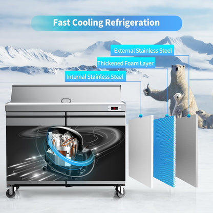 Ferueo 48’’ W Commercial Refrigerator Sandwich Salad Prep Table Refrigerators 2 Door with 12 Pans, Prep Station Fridge for Restaurant, Bars, Shops