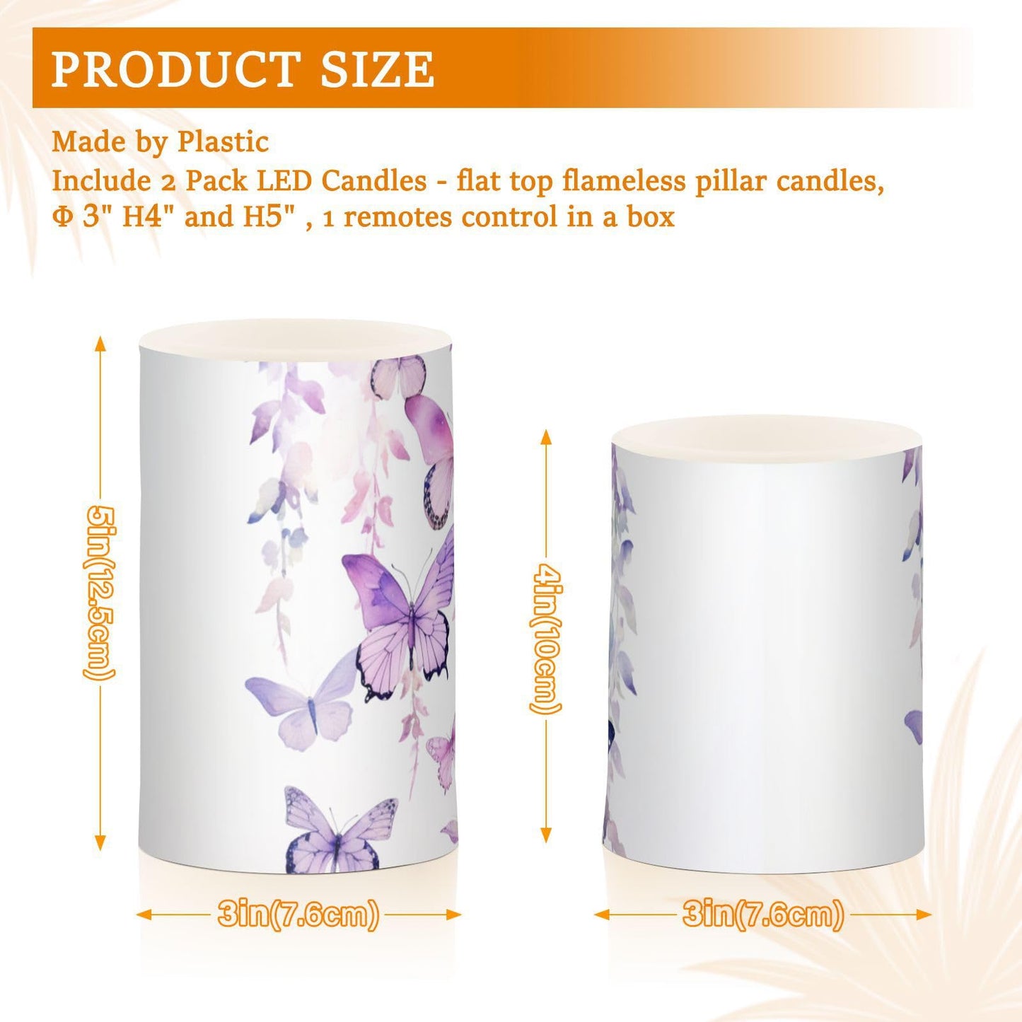 Lights Flameless Candles Purple Butterfly Leaves Pillar Candles Set of 2 Battery Operated Remote Control Warm Lights Home Decor