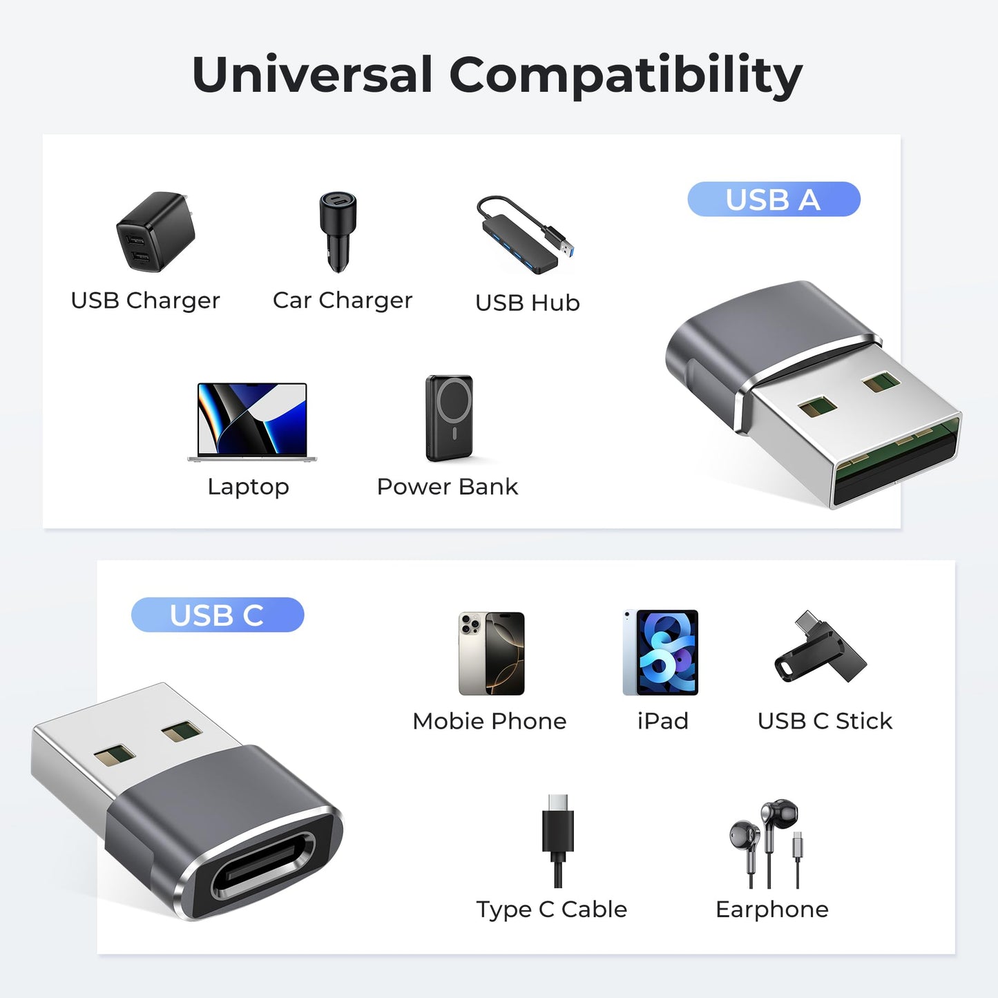 Basesailor iPhone 16 15 Pro Max Car Charger Adapter 4Pack,USB to USBC Adapter Type C Female to A Male Converter for Airpods 4,Apple Watch 10/iWatch,iPhone 14 13 Plus,iPad Mini 7,Samsung Galaxy S24 A54