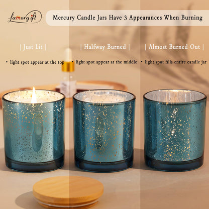 LAMORGIFT 12 Pack Glass Candle Jars with Lids (Lake Blue) - 10 OZ Candle Making Jars - Candle Containers for Making Candles - Mercury Glass Candle Jars Include 12 Pcs Candle Labels.