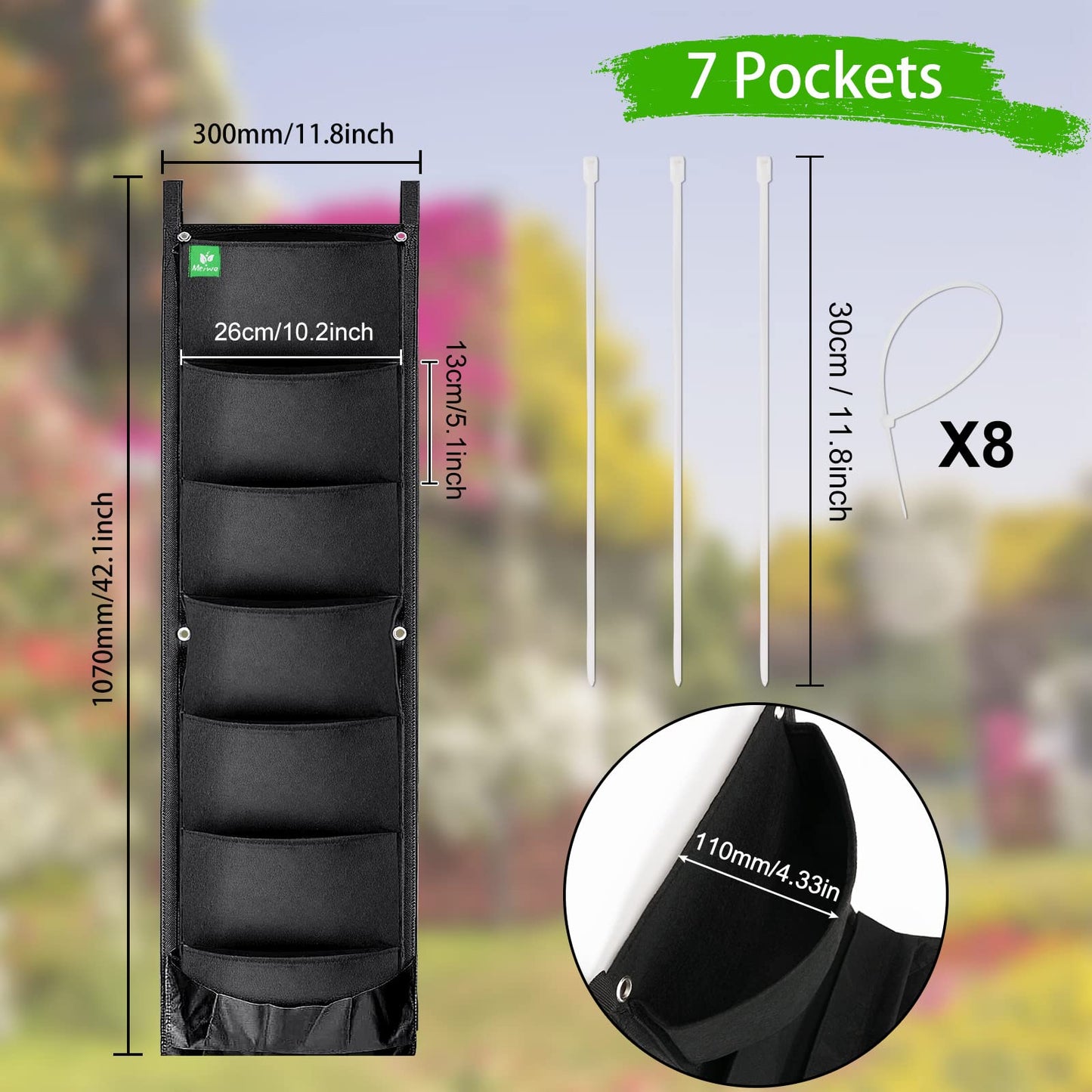 MEIWO 7 Pocket Hanging Planter for Outdoor Plants, 1 Pack Vertical Wall Planter, Balcony Planter, Railing Planter, Garden Balcony Decor