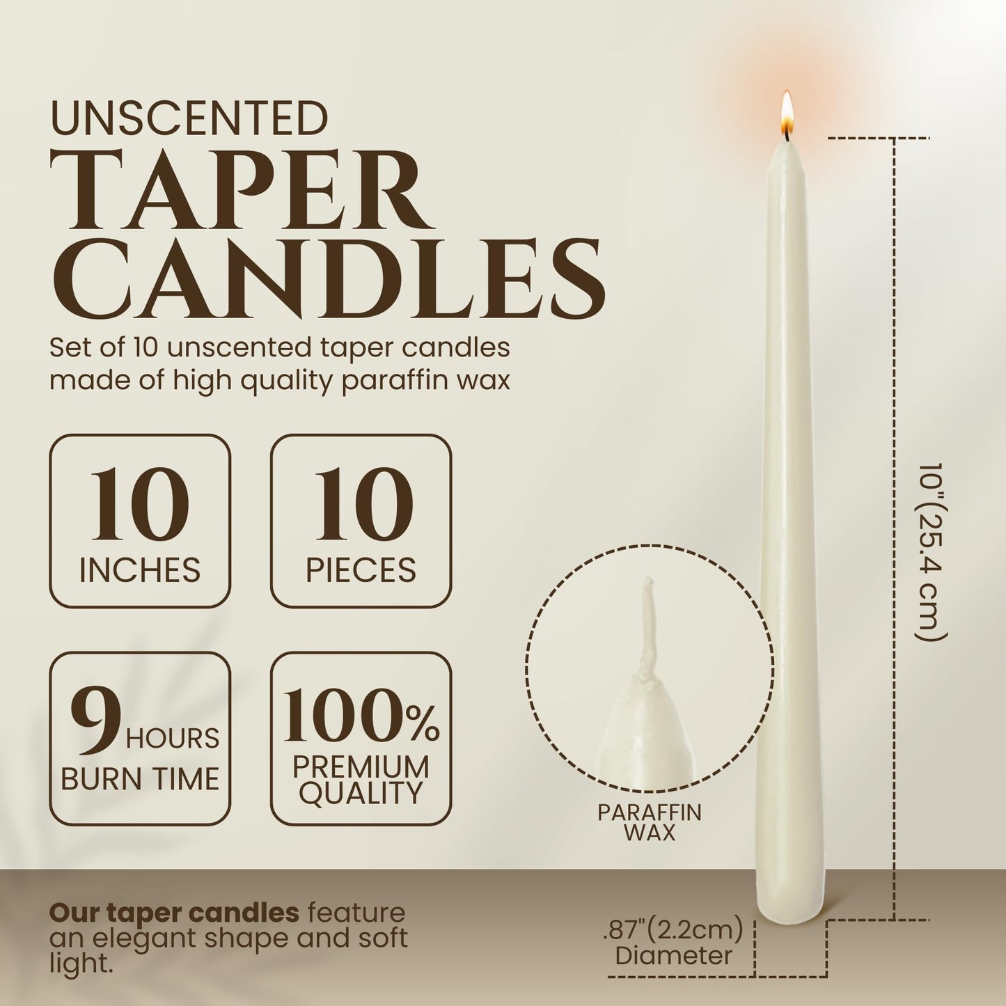 Axiom Candles - 10 Inch Dripless - Ivory Taper Candle Smokeless Tall Candle Sticks - 9 Hour Burn Time - Tapered Candles for Home, Dinners, Weddings, Parties (Unscented Pack of 10)