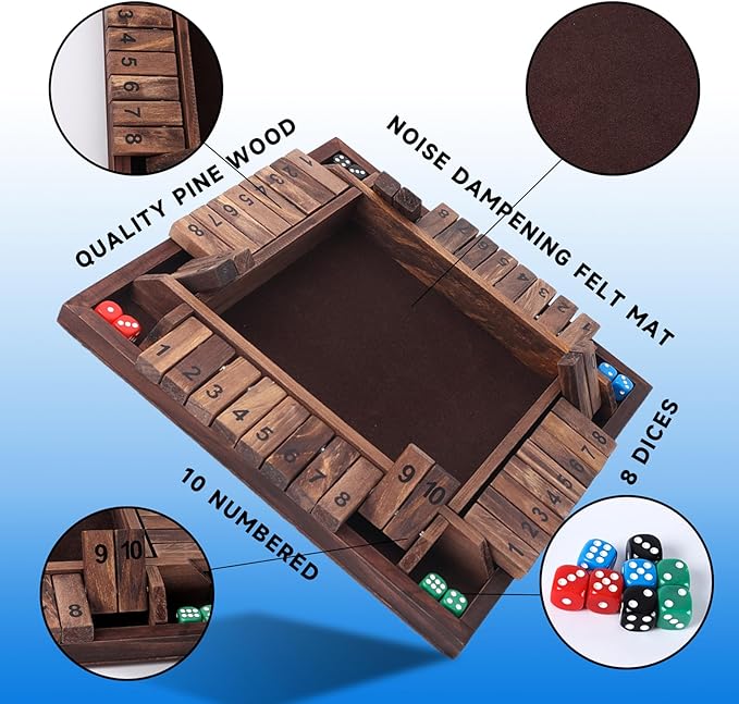 GSE Games &amp Sports Expert 1-4 Player Wooden Shut The Box Dice Board Game with 8 Dice. 4-Way 10 Numbered Shut The Box Set of Popular English Pub Board Game - Walnut