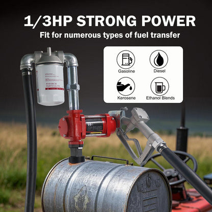 12V DC 20GPM Fuel Transfer Pump with Manual Nozzle & Hose Kit for Gasoline Diesel with Particulate Filter Red
