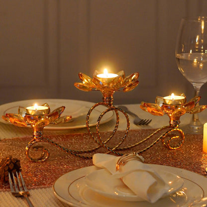 2Pcs Gold Kehail Crystal Metal Tea Light Candle Holder Set, 3-Arm Flower Shaped Crystal Votive Candlestick Holders for Table Centerpiece, Wedding Shower, Party and Home Decor