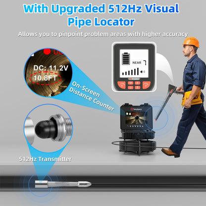 Sanyipace Sewer Inspection Camera, 328FT/100M Drain Camera with Locator, 7MM Stiffer Cable, Self-Leveling, 512Hz Transmitter, 10.1" Screen Pipe Camera, 32GB Card, Distance Counter