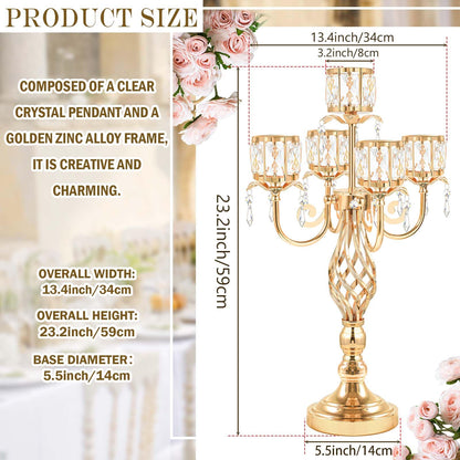 23.2 inch Tall Elegant and Chic 5 Arm Pendant Crystal Candlestick Holder Table Decoration tealight Candle Holder, Candelabra for Gorgeous Wedding/Parties Table Centerpiece (1, Gold)