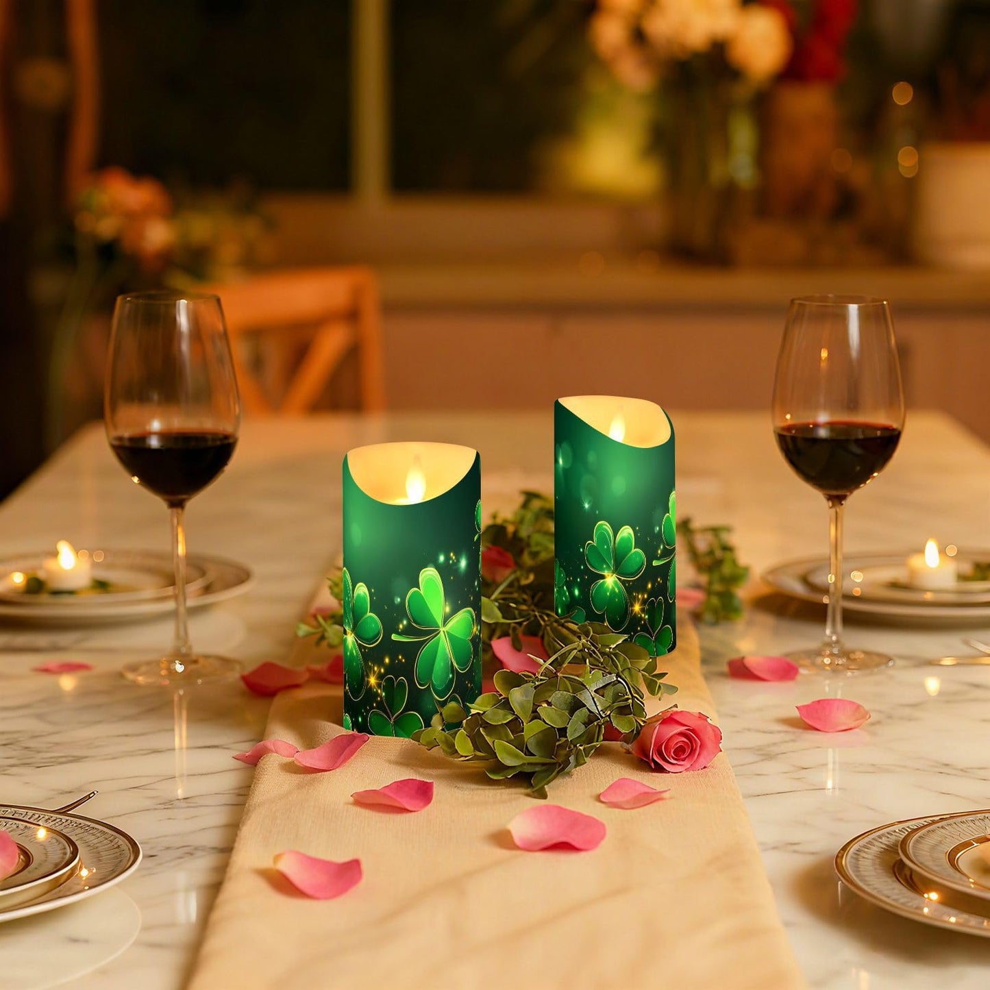 St. Patrick's Day Flameless Candles Set of 2 Clover Pattern C Realistic LED Candles with Remote Battery Operated Holiday Decorations