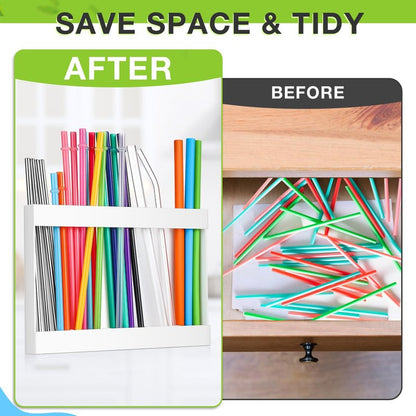 Qinyoung Acrylic Straw Holder for Cabinet Door with Double Sided Adhesive Tape Reusable Straw Organizer Tumbler Storage Kitchen Accessories Container for Counter Cupboard(Classic,Large,White)