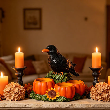 Halloween Raven Candle Holder Resin Black Crow Figurine with 3 Pumpkin Tealight Holders & Sunflower, Halloween Table Decorations for Fall Harvest Centerpiece and Thanksgiving