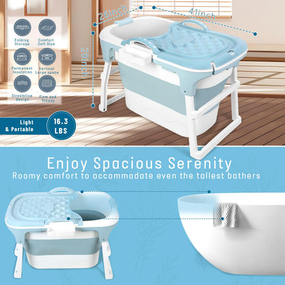 Portable Foldable Bathtub for Adult, 41" Small Foldable Tub with Ergonomic Seat & Massage Roller, Large Capacity Soaking Tub for Adults with Thermal Cover (Blue)