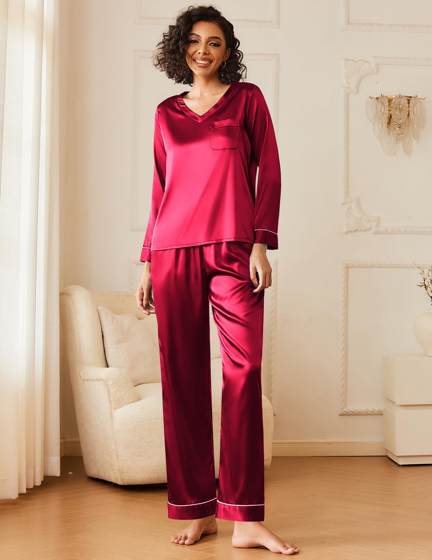 Ekouaer Silk Pajama for Women Long Sleeve Satin Pj Set Two Piece Soft Sleepwear Loungewear S-XXL