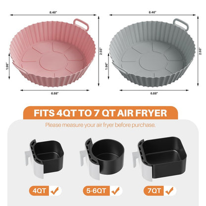 ME.FAN Air Fryer Silicone Liners for 4 to 7 QT [2 Pack] Reusable Air Fryer Basket with Handles & Holes Rose Pink + Light Grey