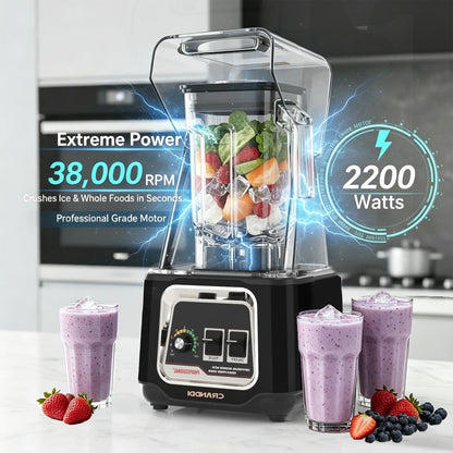 CRANDDI Commercial Blender, 2200W Countertop Blenders with Removable Shield, Quiet Smoothie Blender for Shakes and Ice Crushing, 52oz, 38000 RPM Professional Blenders for Kitchen, K80 (Black)