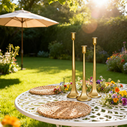 Set of 3 Gold Iron Candlestick Holders – Tapered Candle Holders for 3/4" Candles, Tall Candle Stick Set for Dining Table, Wedding, and Home Décor