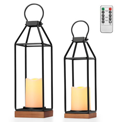 Perfnique Metal Lanterns w/ Pine Wood, Set of 2 Farmhouse Lantern Decorative w/ Waterproof Flameless Candle & Remote Timer, Modern Farmhouse Candle Holder for Outdoor, Porch, Fireplace(Wood Base)