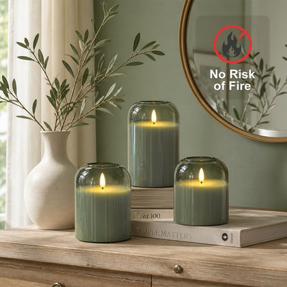 Mid Century Modern & Boho Home Decor, 3-Pack Olive Green Glass Battery Operated Candles, Flameless LED Pillar Candles with Remote & Timer, Realistic Flickering 3D Wick for Mantel, Shelf, Entryway