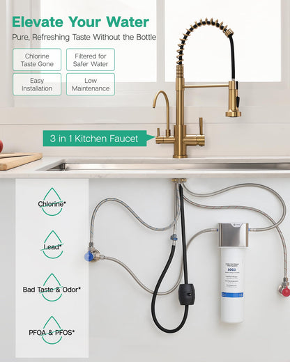 GIMILI 3 in 1 Kitchen Faucet with Pull Down Sprayer Brushed Gold Two Handle Kitchen Sink Faucet with Under Sink Water Filter System Reduces PFAS, PFOA/PFOS, Lead, Chlorine, Bad Taste & Odor