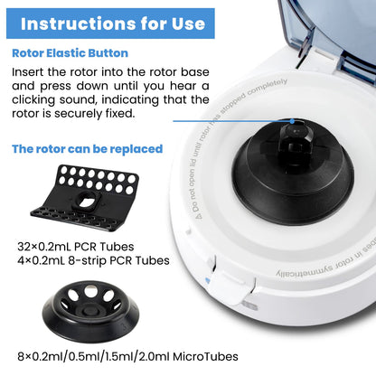 ONiLAB's Scientific Mini Centrifuge 7000RPM, 2680 x g RCF, Lab Benchtop Centrifuge with 2 Rotors for 8 x 0.2/0.5/1.5/2.0ml and 0.2mL×32 PCR Strips, Low Noise≤45dB, 100-240V((ONLY for MICROTUBES)