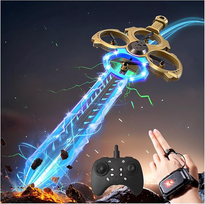 Upgraded Flying Sword RC Drone with Colorful LED Lights ABS Metal Remote Control Airplane with Hand Gesture &amp Smart Watch Control 3 Speed Modes &amp Stunt Drone for Kids Adults Upgraded Gold