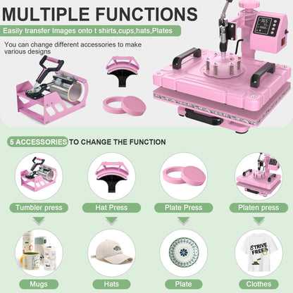 Seeutek 5 in 1 Heat Press Machine 12x15 inch Heat Press Machine with 360 Degree Swing Away T Shirt Pressing Machine, Multifunction Heat Transfer Sublimation Combo for T Shirts Mugs Hat Plate Cap