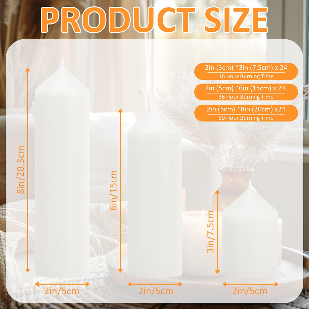 Trxvxo White Pillar Candles Bulk Set of 72，3 Different Lengths 2 x 3/6/8 Inch (24 Each)，Hurricane Candles，Dripless Unscented Smokeless，Gives You a Better Atmosphere When Organizing an Event Party.