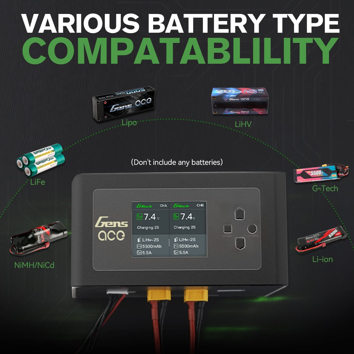 Gens Ace IMARS D300 G-Tech Smart Dual Lipo Charger 16A AC 300W DC 700W Lipo Charge（Black）