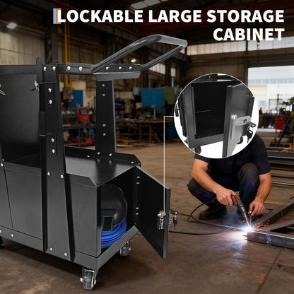 Welding Cart with Large Cabinet,Heavy Duty Rolling Welder Carts with 360 Swivel Wheels and Hooks for MIG MMA TIG Welding Machine and Plasma Cutter Tank