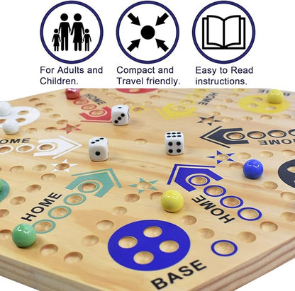 20 Wooden Wahoo Board Game Double-Sided for 4 or 6 Players Fast Track Board Game Original Marble Game Set with 36 Marbles 8 Dice for Family Night Parties and Adult Gifting