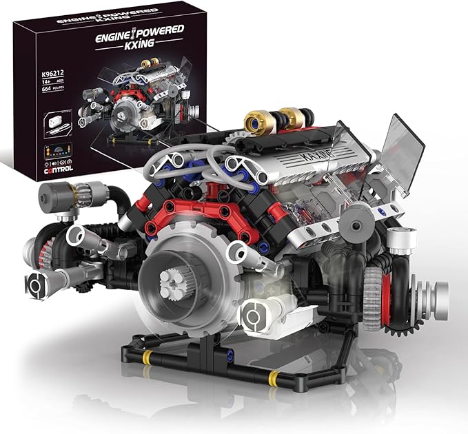 V8 Engine Building Blocks Set APP Controlled Combustion Model Kit with Rechargeable Motor Physical Science Experiment Toy for Adults (664 PCS)