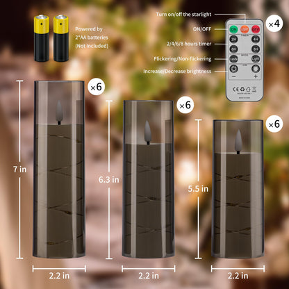 Pandaing 18 Pack Flameless Battery Operated LED Candles with Remote and Timer, Flickering Candles with Embedded Star String for Romantic Ambiance and Home Decoration, Stable Acrylic Shell (Grey)