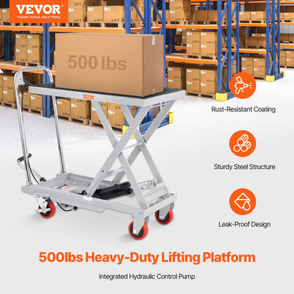 VEVOR Hydraulic Lift Table Cart, 500 lbs Load Capacity, 28.5-Inch Lifting Height, Manual Single Scissor Lift Table with 4 Wheels and Non-Slip Pad, Gray, Alloy Steel