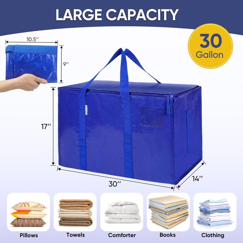 TICONN 6 Pack Extra Large Moving Bags with Zippers & Carrying Handles, Heavy-Duty Storage Tote Moving Boxes for Space Saving (6 PK, 30 Gallon)