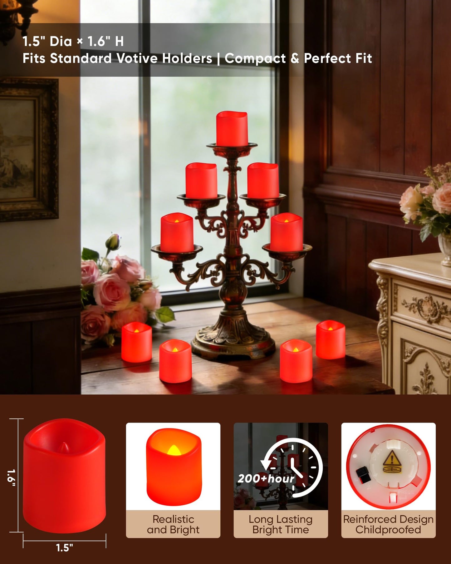 Homemory 24Pack Red Flickering Flameless Votive Candles, 200+Hour Electric Fake Candles, Battery Operated LED Tealight for Wedding, Outdoor, Table, Festival (Warm White,Battery Included)